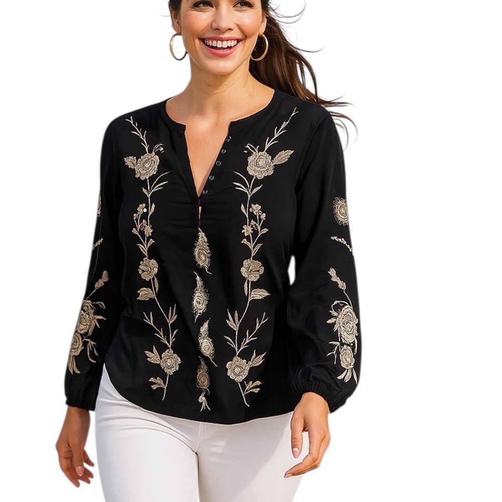 Johnny Was silk Calipso Button Neck Field Blouse NWT oversized - Picture 2 of 15